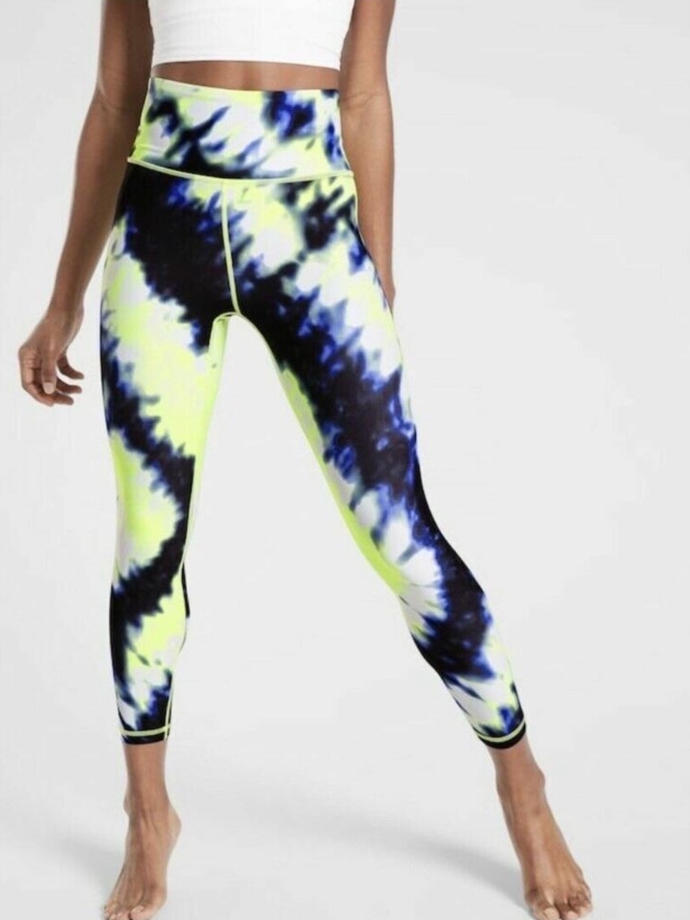 Athleta Neon Yellow, Blue & Black Tie-Dye 7/8 Leggings